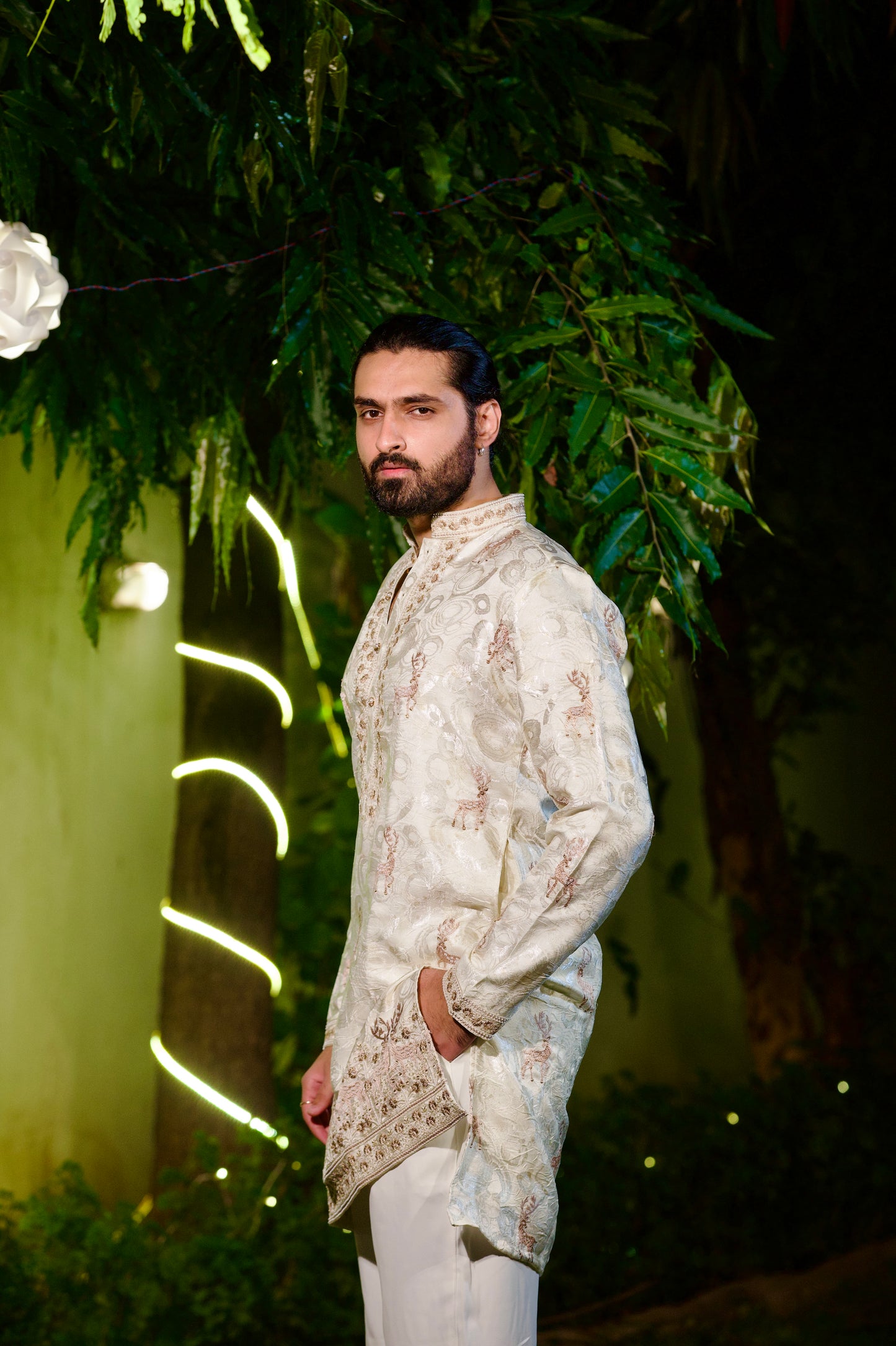 Ivory Embroidered Silk Kurta with Brown Deer Motifs and Zari Border