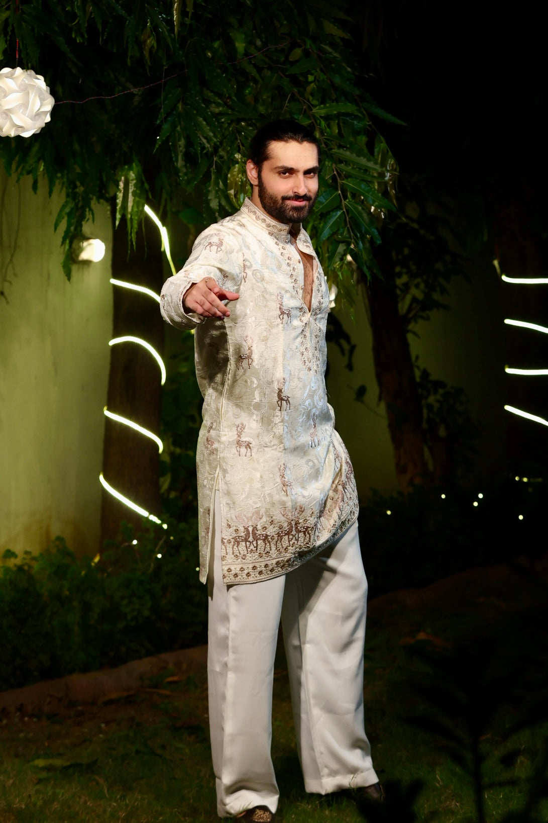 Ivory Embroidered Silk Kurta with Brown Deer Motifs and Zari Border