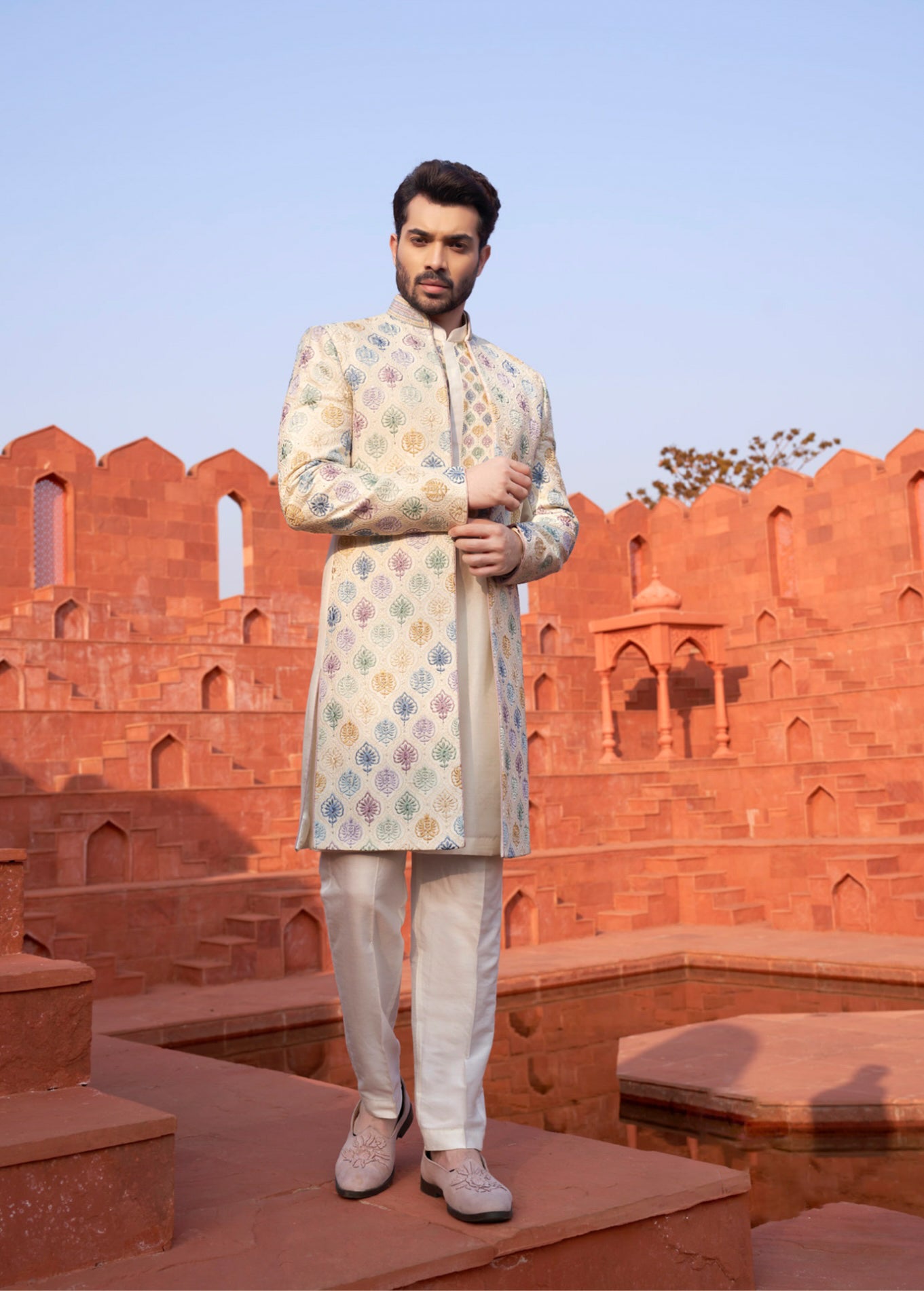 Cream Silk Indo-Western with Multi-Colored Jacket