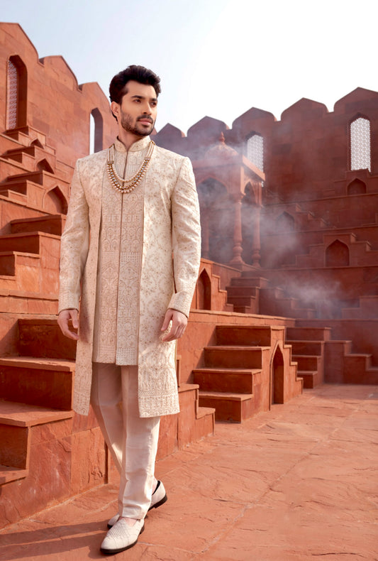 Off-White Silk Jacket Style Sherwani