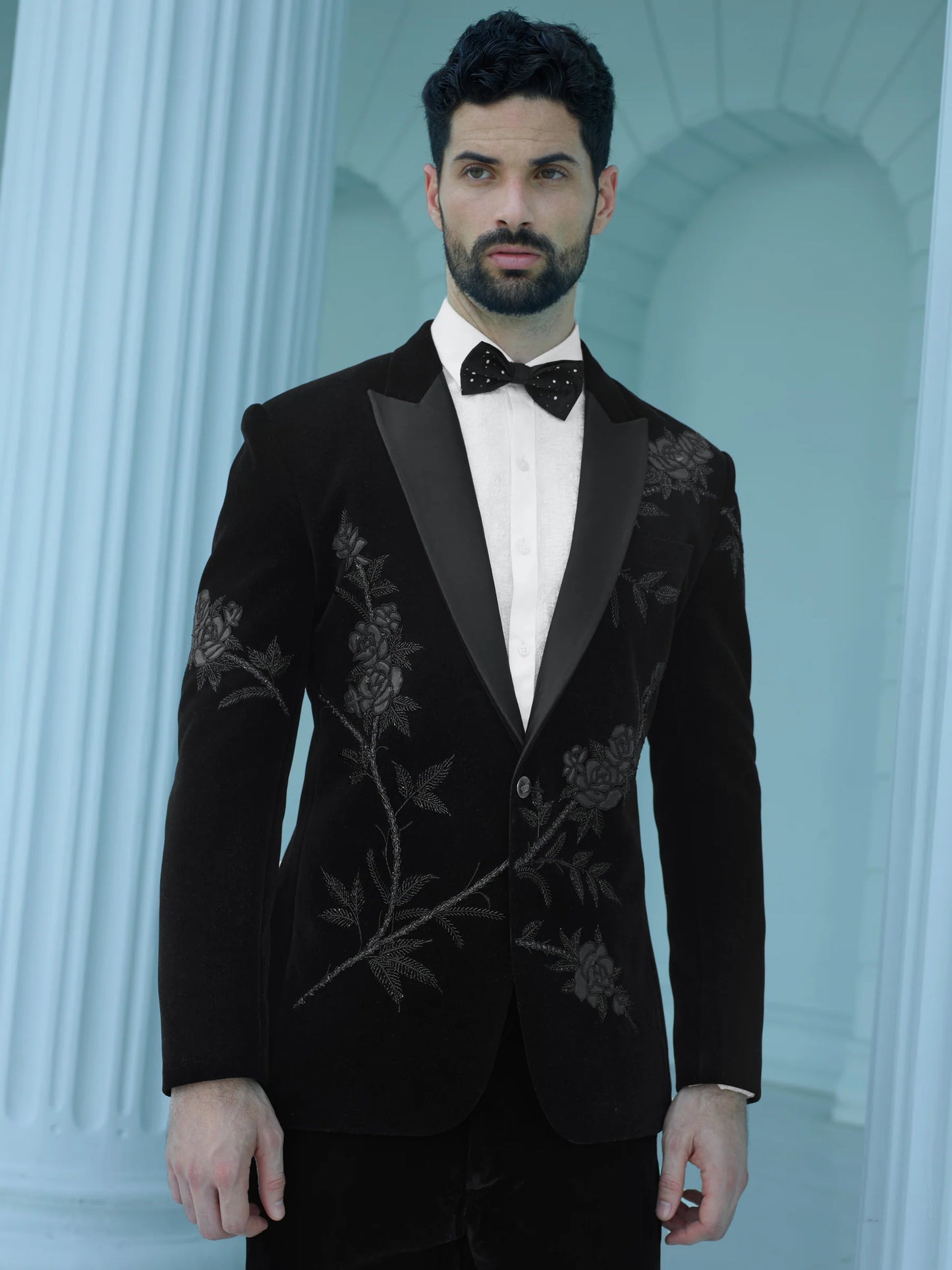 Opulent Black Floral Velvet Suit