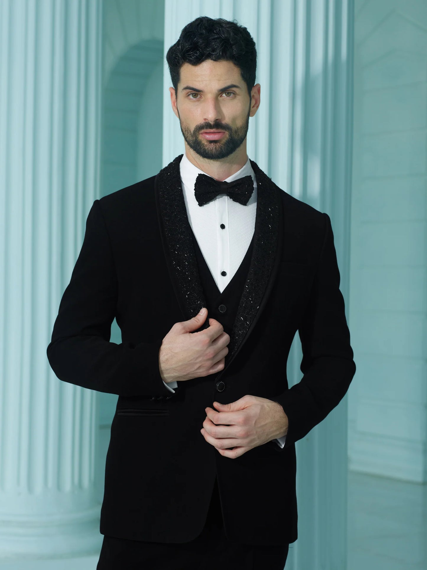 Suave Layered Lapel Black Suit