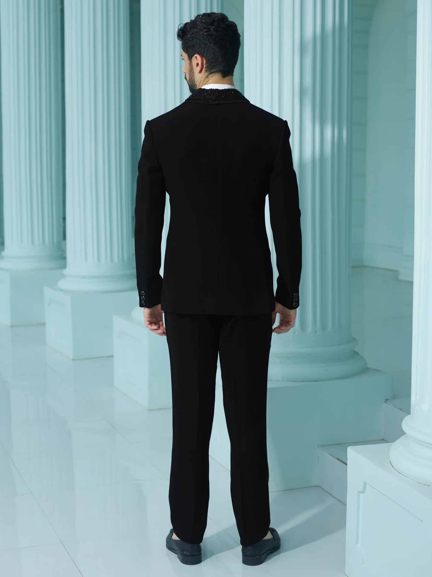Suave Layered Lapel Black Suit