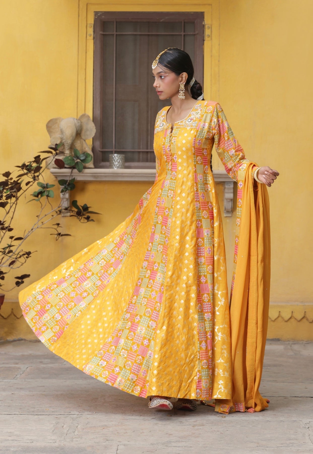 Mustard Yellow Jacquard & Geometric Print Anarkali Set