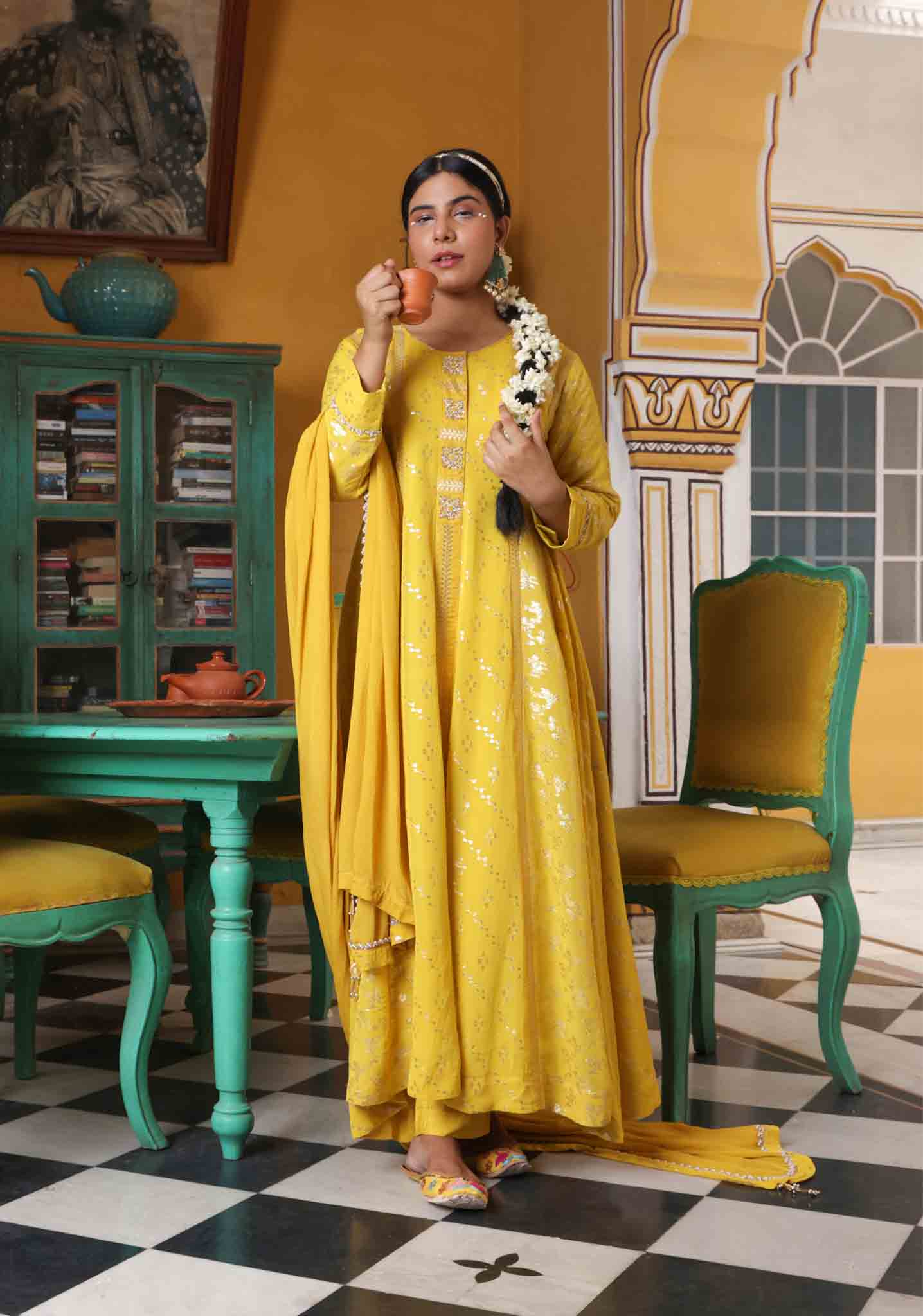 Lemon Yellow Jacquard Anarkali Kurta Set
