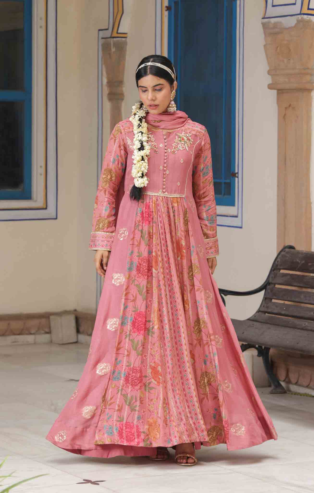 Onion Pink Embroidered Anarkali Set