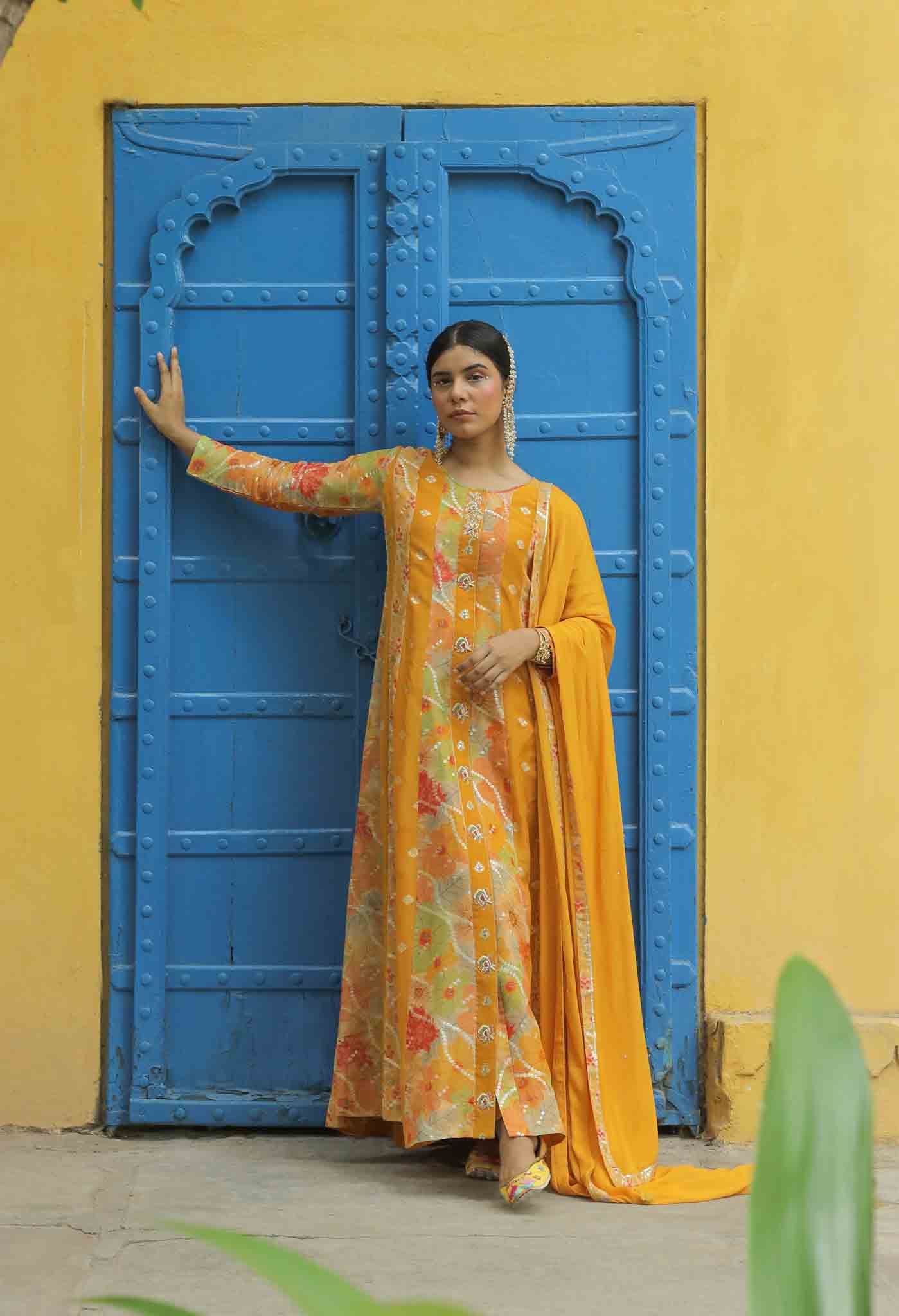 Yellow Jacquard Anarkali Set