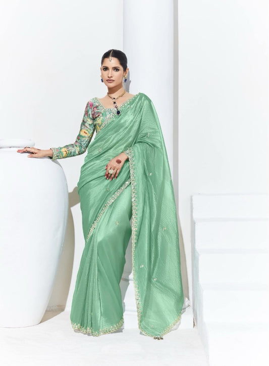 Organza Teal Traditional Wear Saree with Embroidery Work