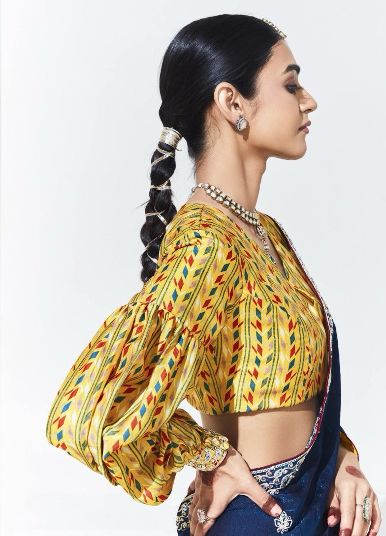 Blue Organza Saree with Yellow Satin Silk Blouse