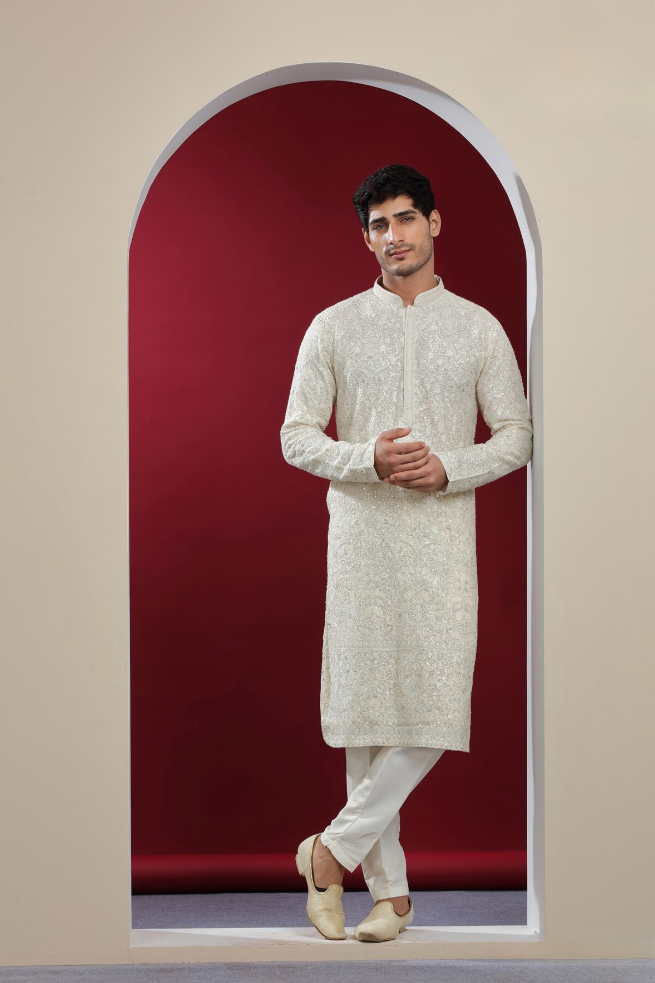 Off White Sequins Work Kurta