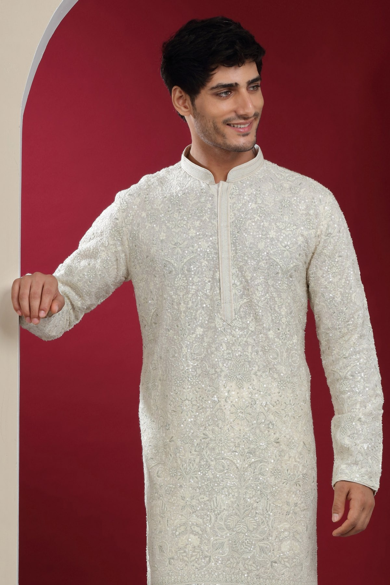 Off White Sequins Work Kurta