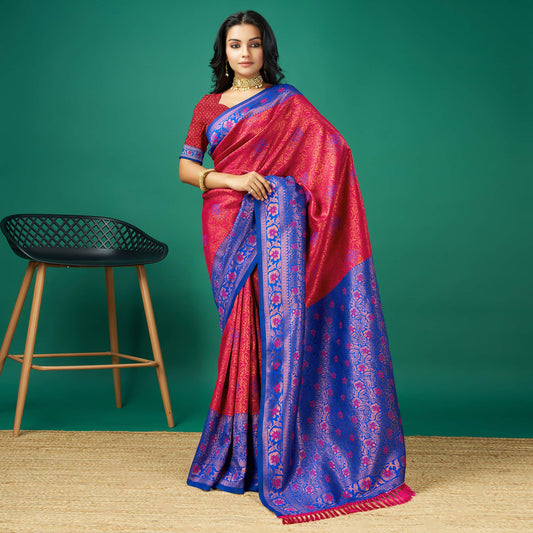 Rani Pink Zari Woven Banarasi Silk Saree