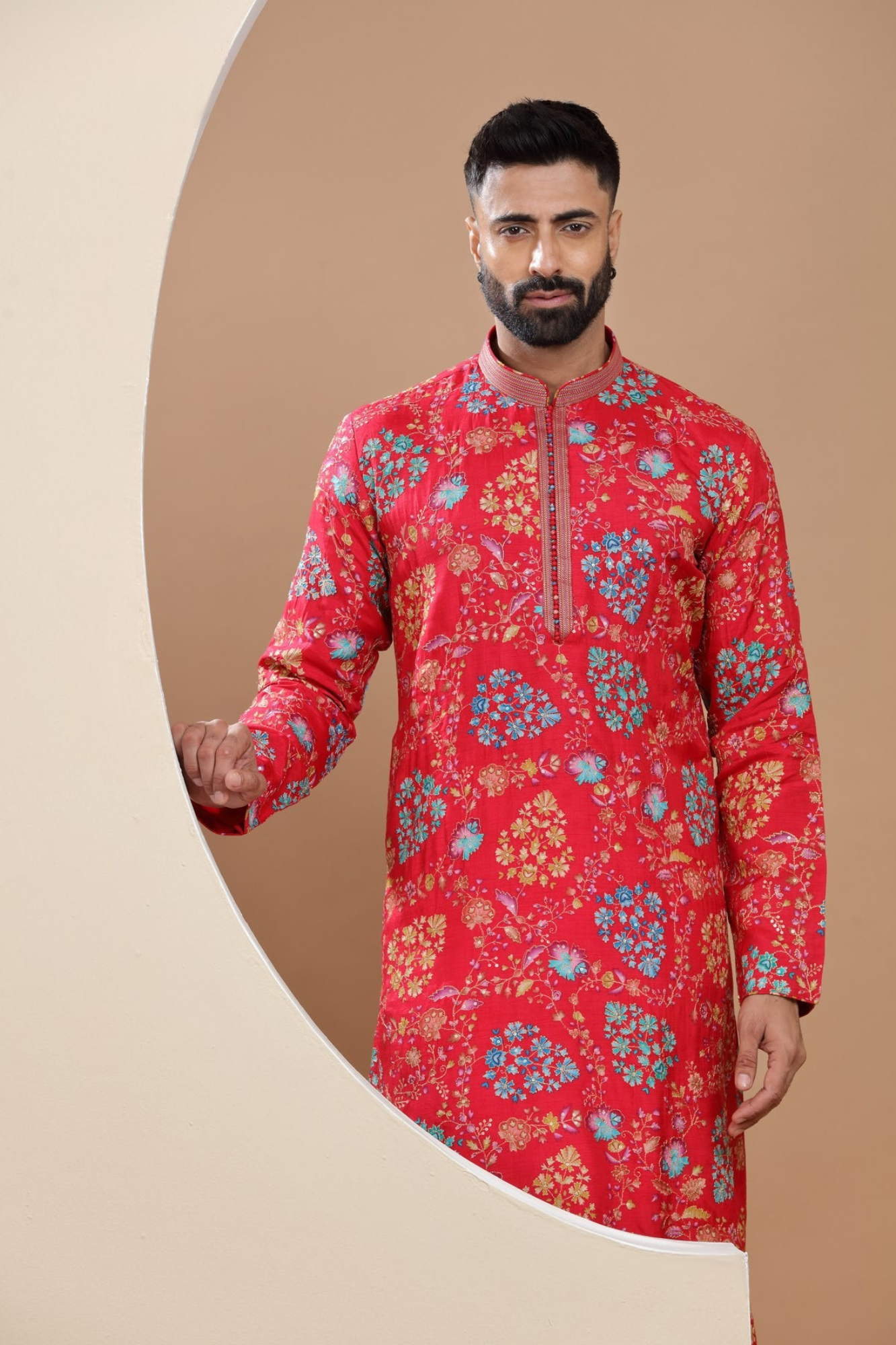 Red Flower Printed Kurta Set