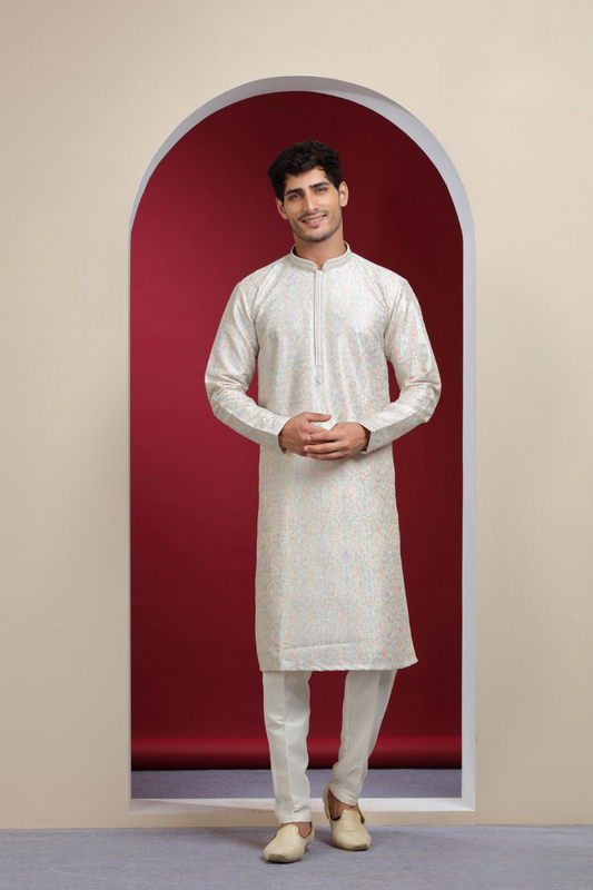 Off White Printed Handcraft  Kurta Set
