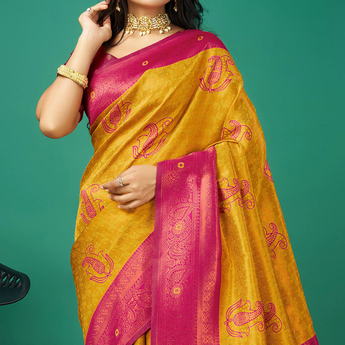 Gold Zari Woven Banarasi Silk Saree with Tassels