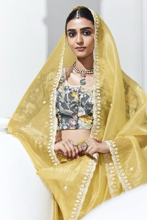 Organza Yellow Embroidered Classic Saree