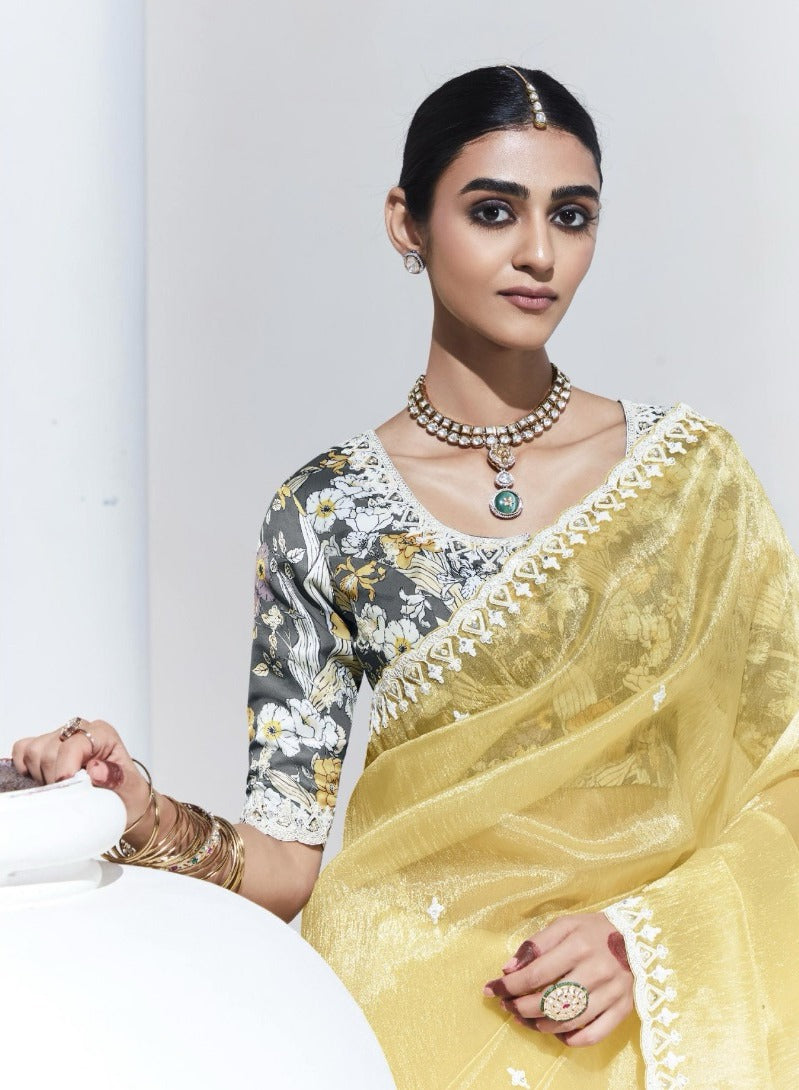 Organza Yellow Embroidered Classic Saree