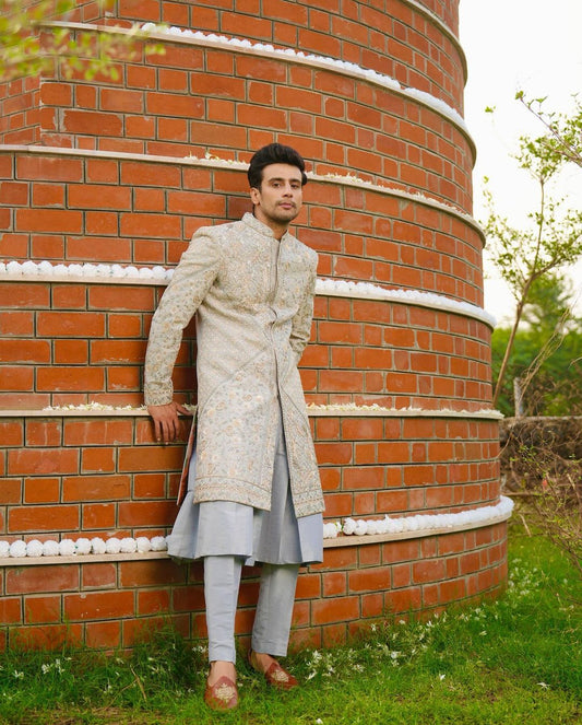 Sophisticated Grey Sherwani with Indian Embroidery