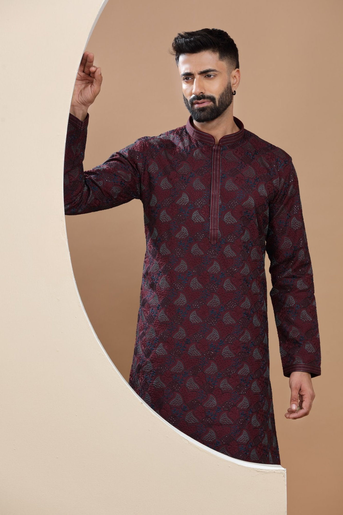 Wine Embroidered Kurta Set