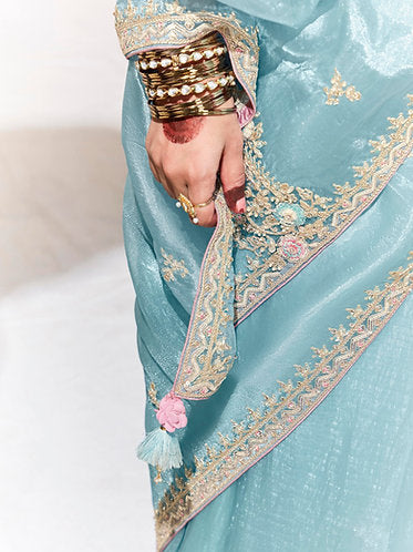 Cyan Opaque Silk Saree with Rose Pink Blouse