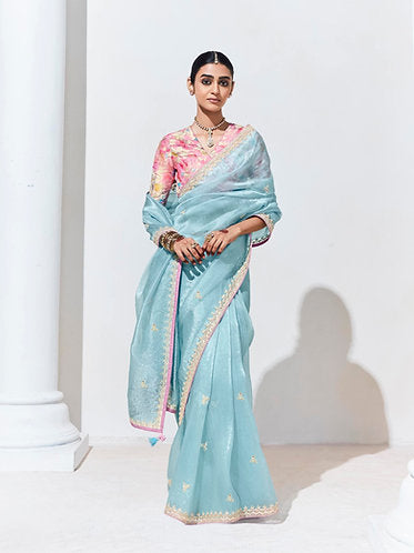 Cyan Opaque Silk Saree with Rose Pink Blouse