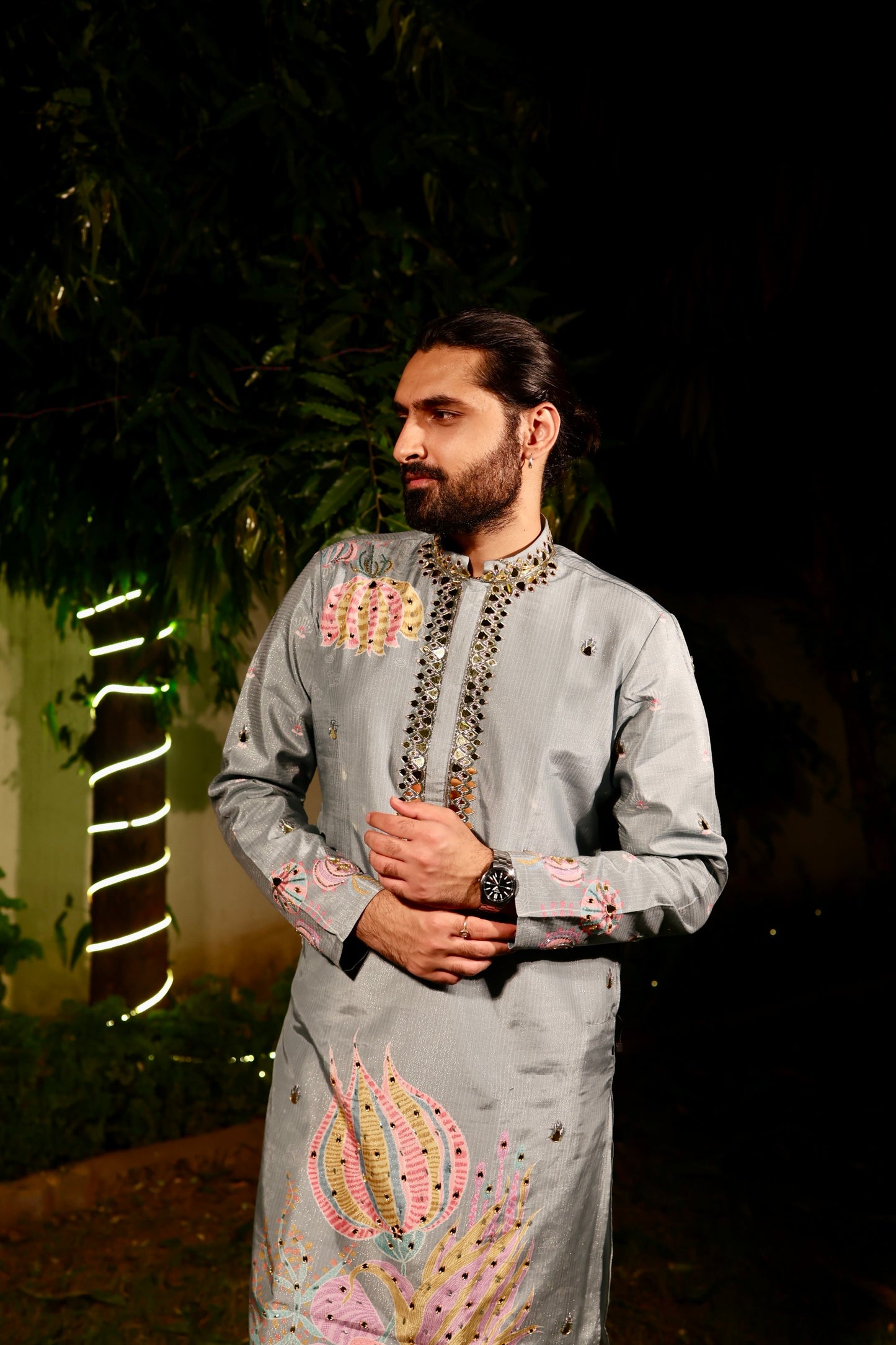 Light Blue Embroidered Silk Kurta with Mirror Work Detailing