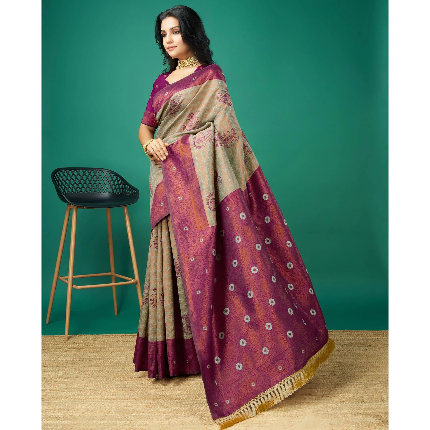 Light Copper & Grey Zari Woven Banarasi Silk Saree