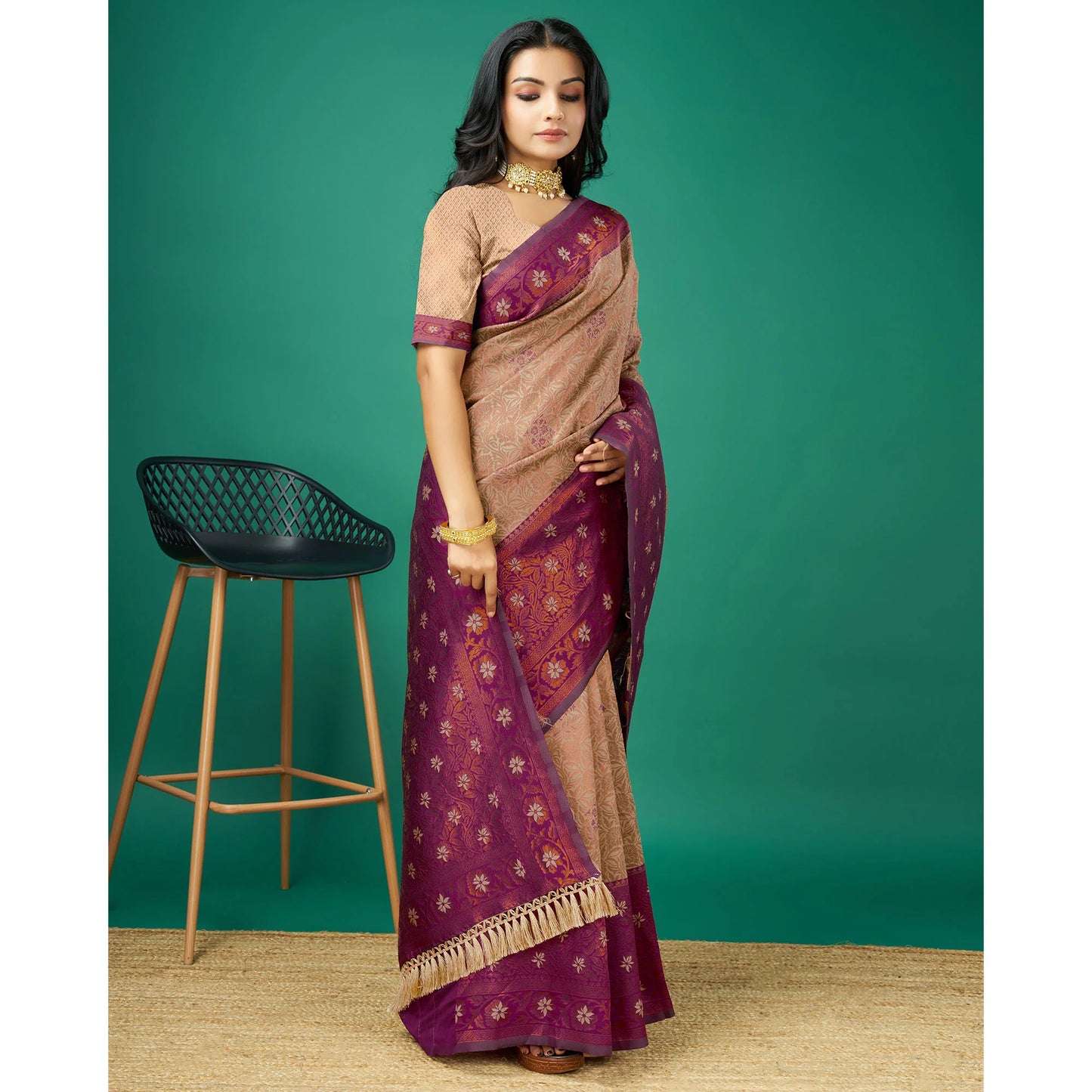 Chikoo Zari Woven Banarasi Silk Saree with Tassels