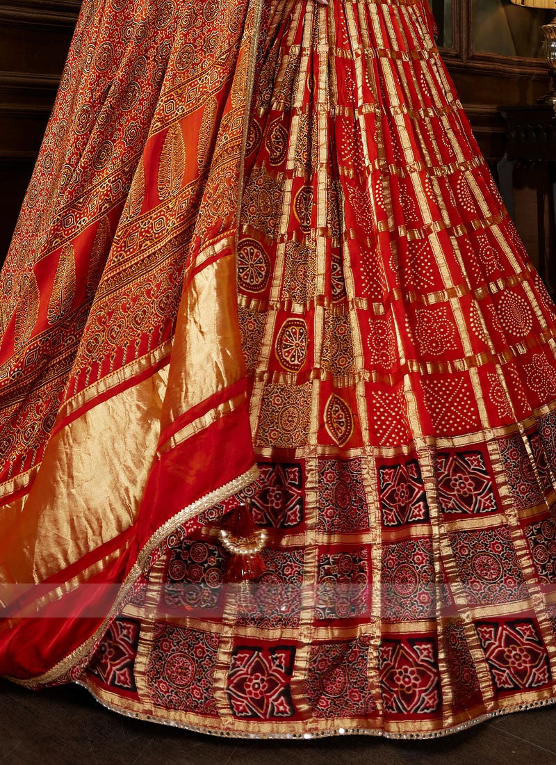 Maroon Ajrakh Printed Gajji Silk Lehenga Chol
