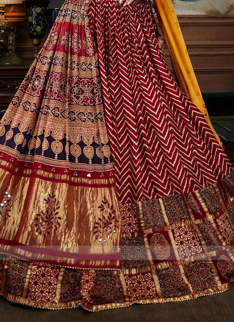 Maroon Ajrakh Printed Wedding Lehenga Choli