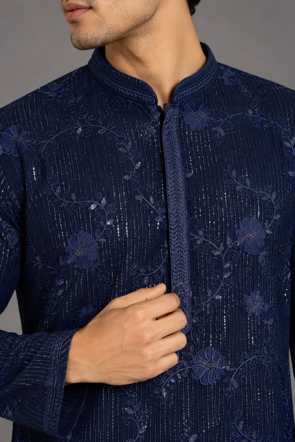 Navy Blue Sequins Embroidered Men's Kurta