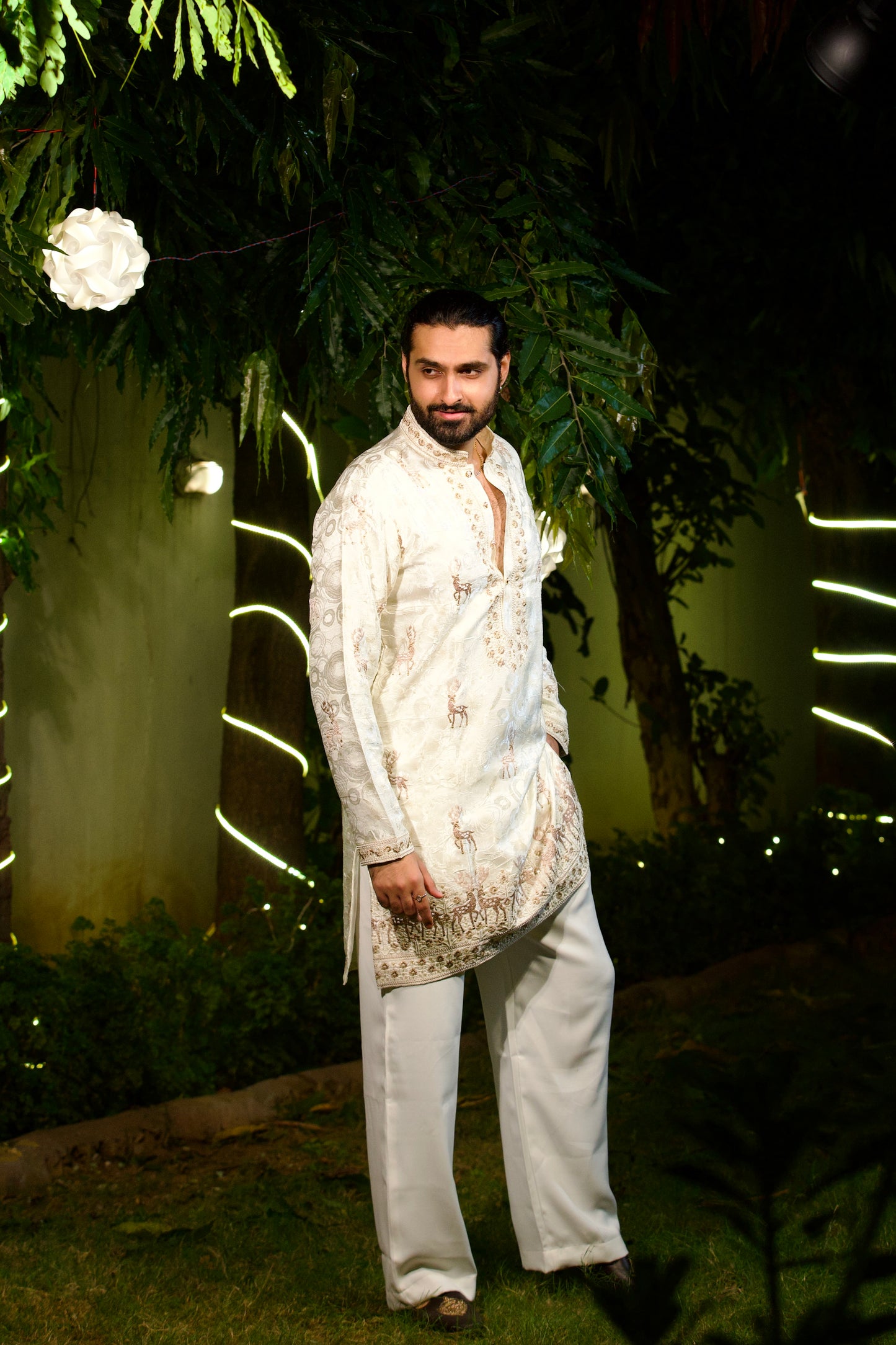Ivory Embroidered Silk Kurta with Brown Deer Motifs and Zari Border