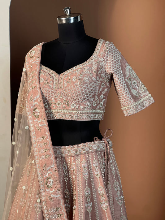 Blush Pink Heavy Embroidered Lehenga Set with Pearl & Sequin Work