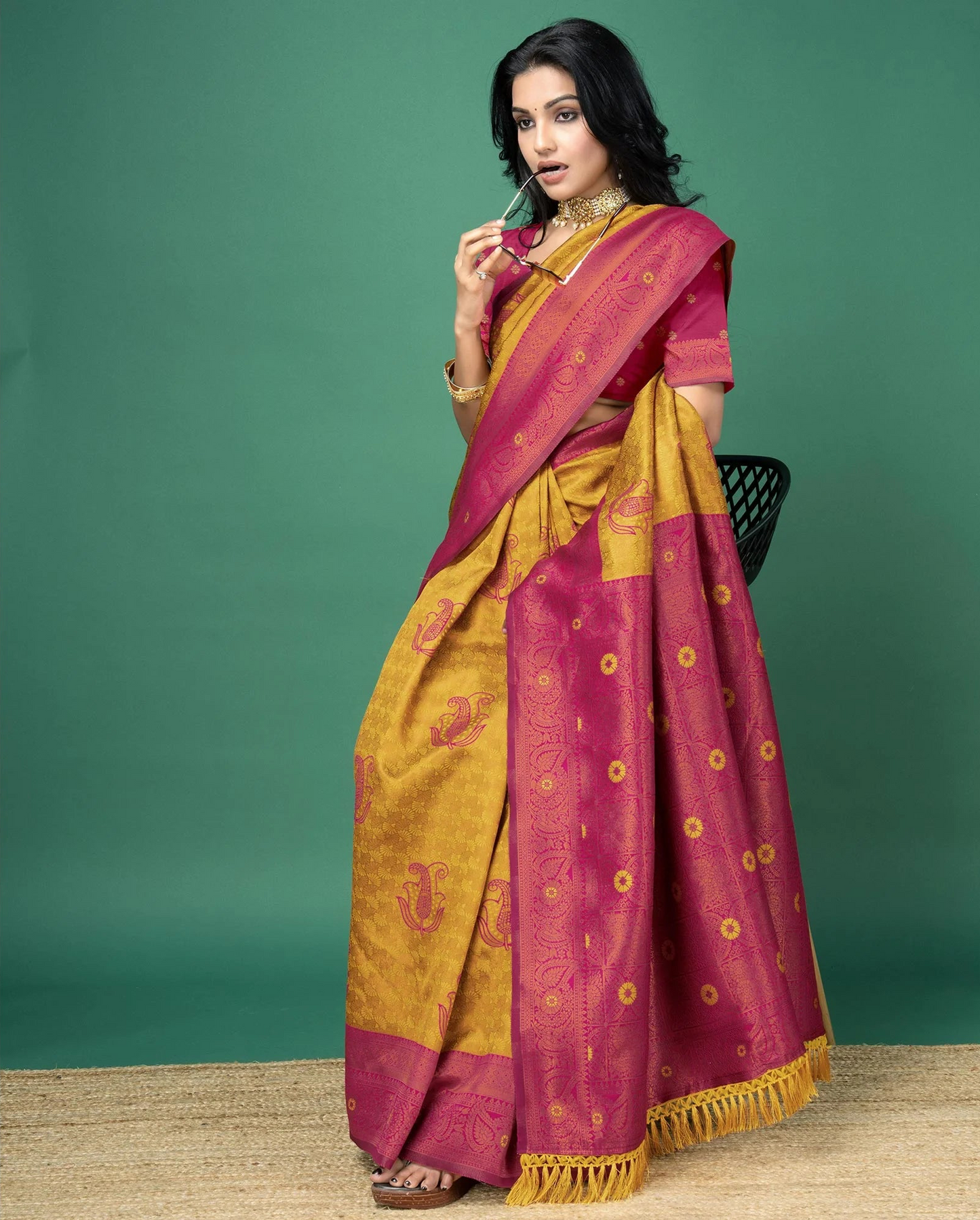 Gold Zari Woven Banarasi Silk Saree with Tassels