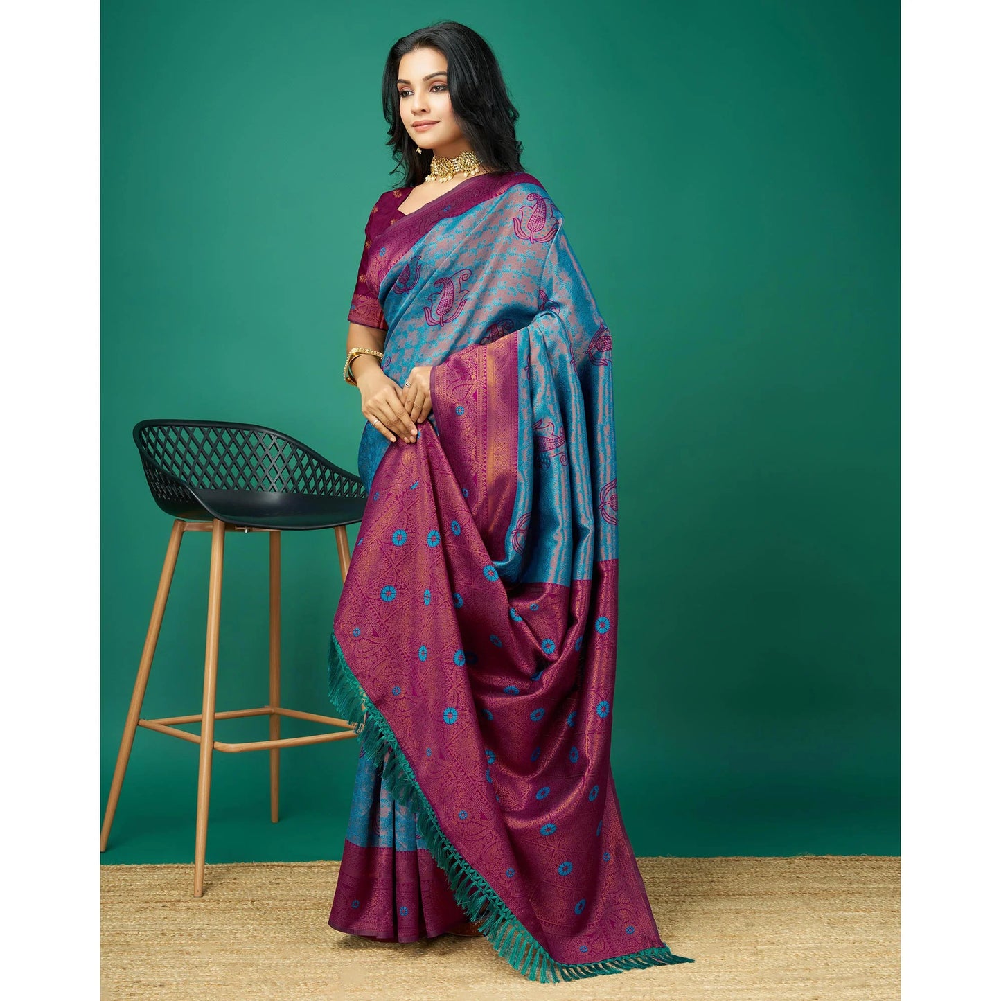 Blue Zari Woven Banarasi Silk Saree with Tassels