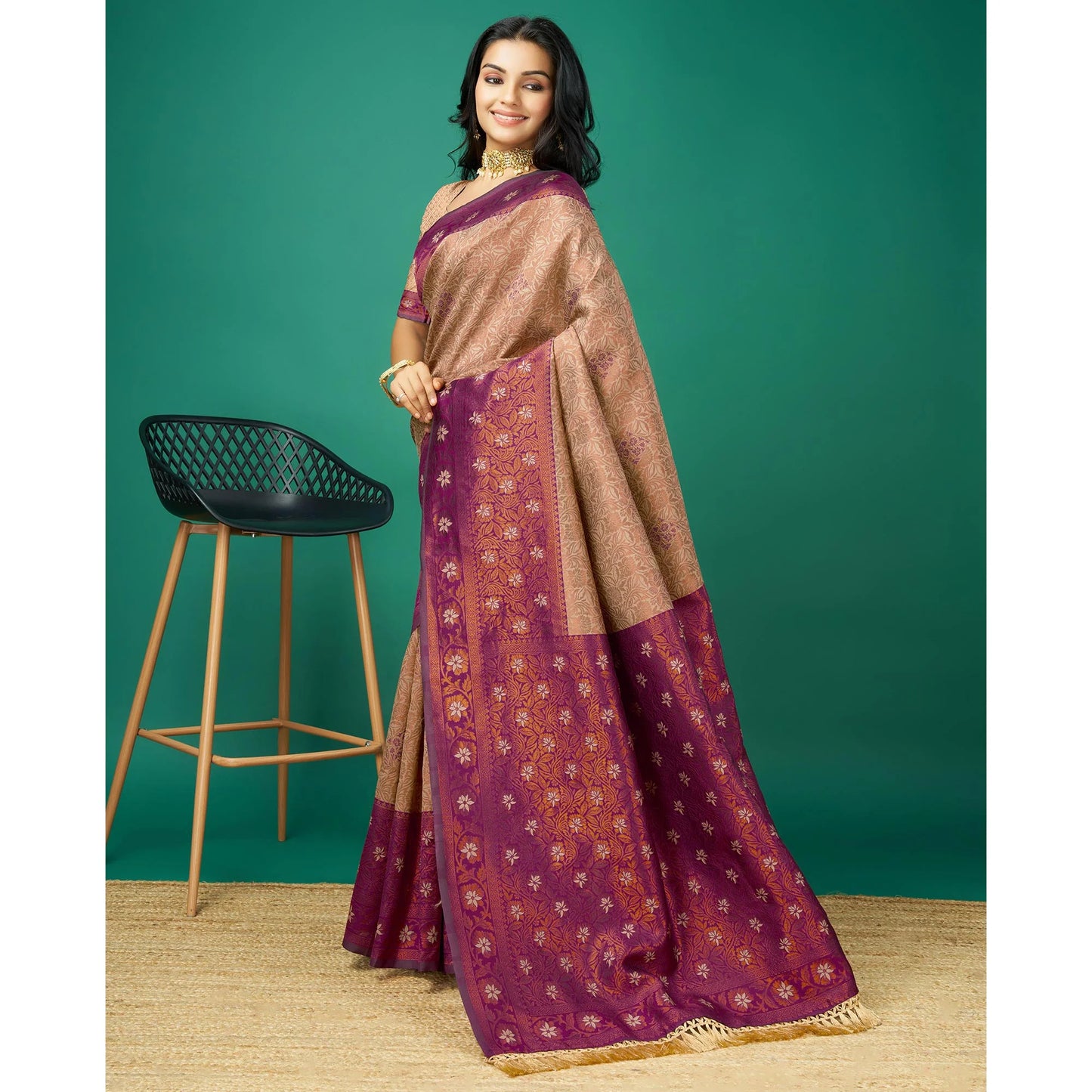 Chikoo Zari Woven Banarasi Silk Saree with Tassels