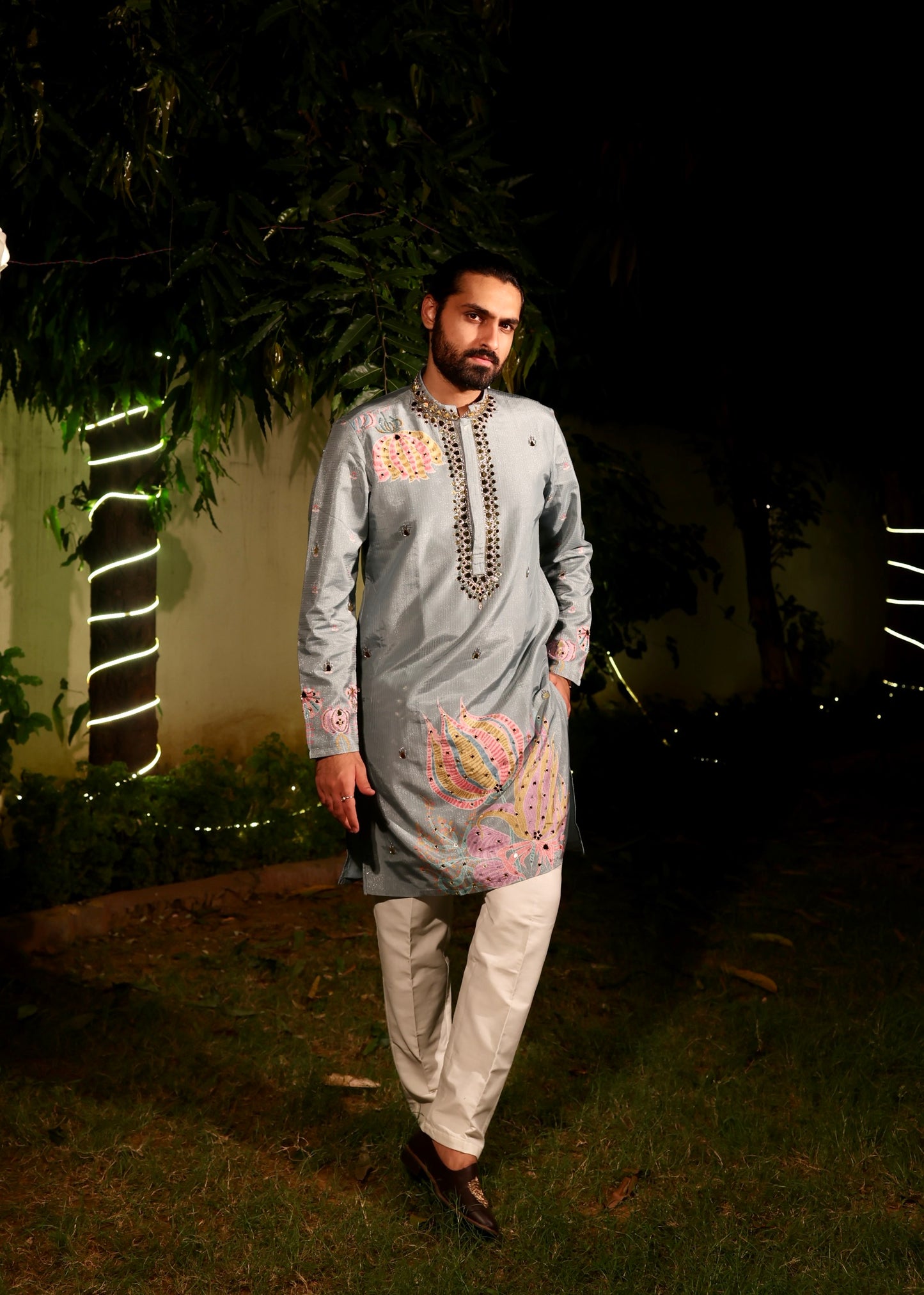Light Blue Embroidered Silk Kurta with Mirror Work Detailing