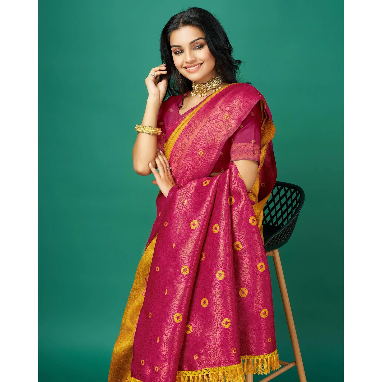 Gold Zari Woven Banarasi Silk Saree with Tassels