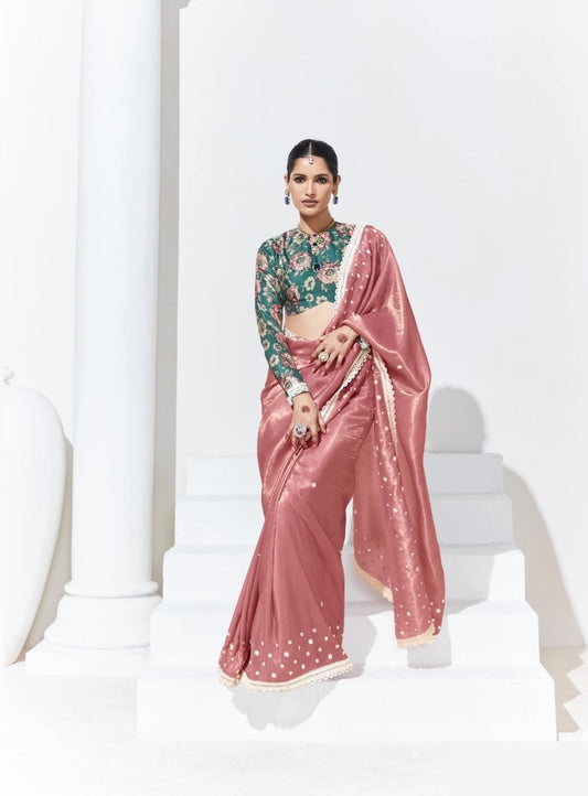 Pink Organza Saree with Multicolor Satin Silk Blouse for Party Wear