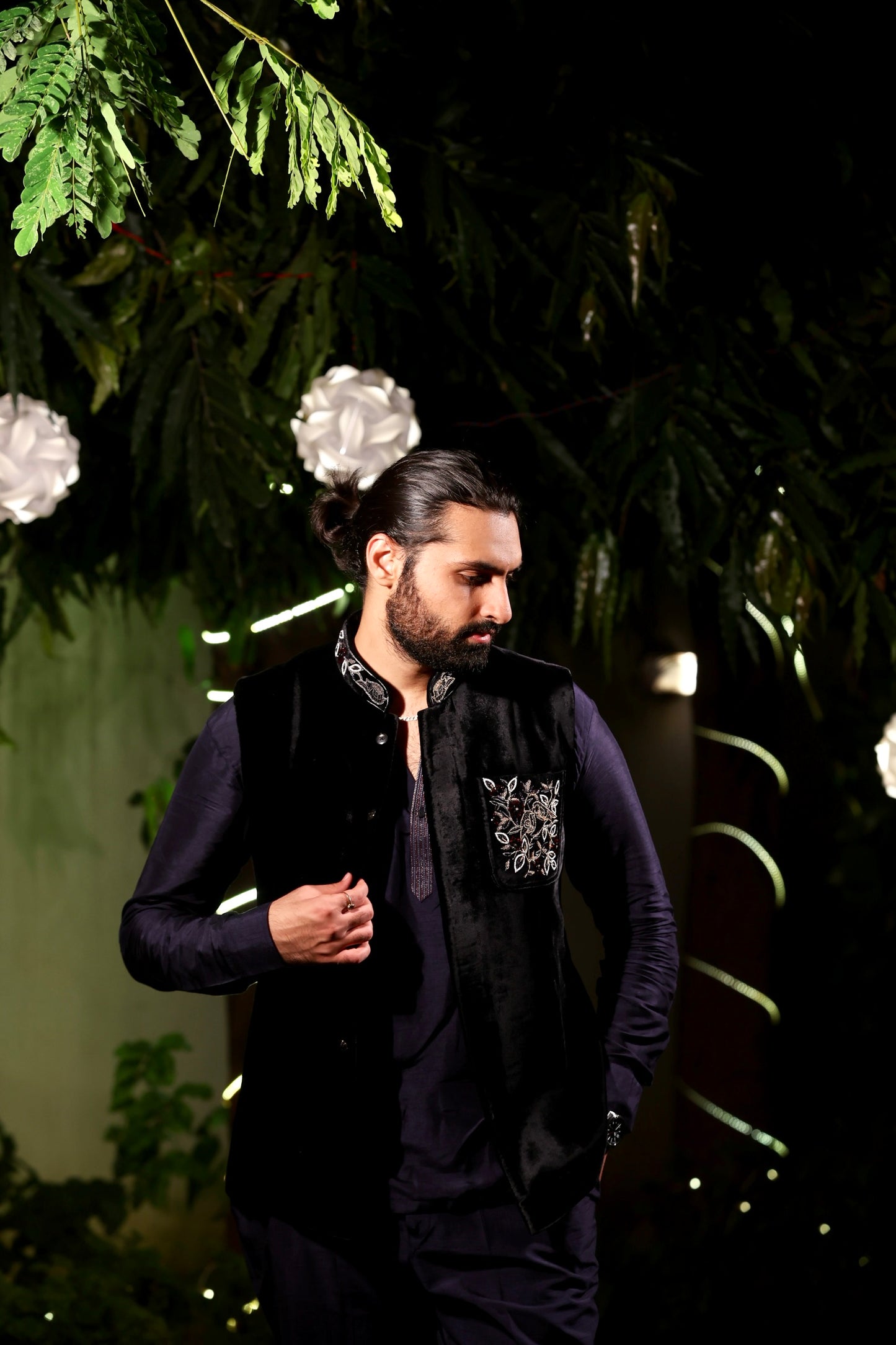 Black Suede Nehru Jacket with Kurta Set