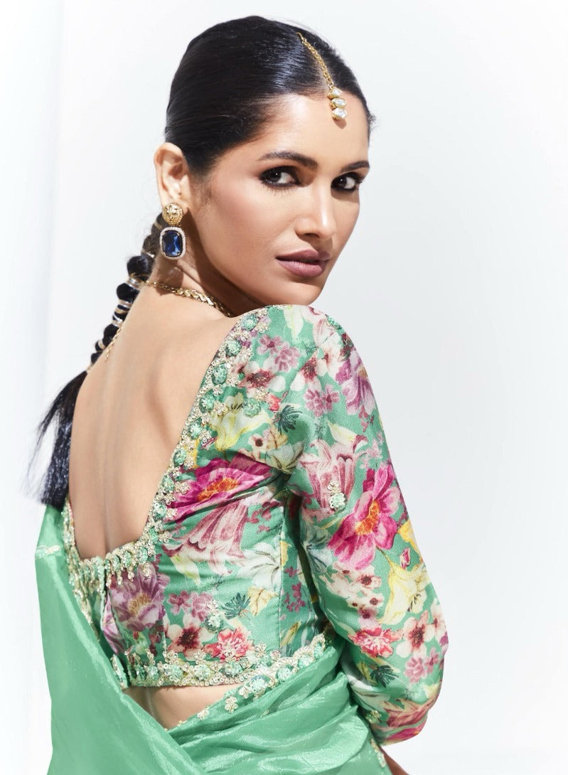 Organza Teal Traditional Wear Saree with Embroidery Work