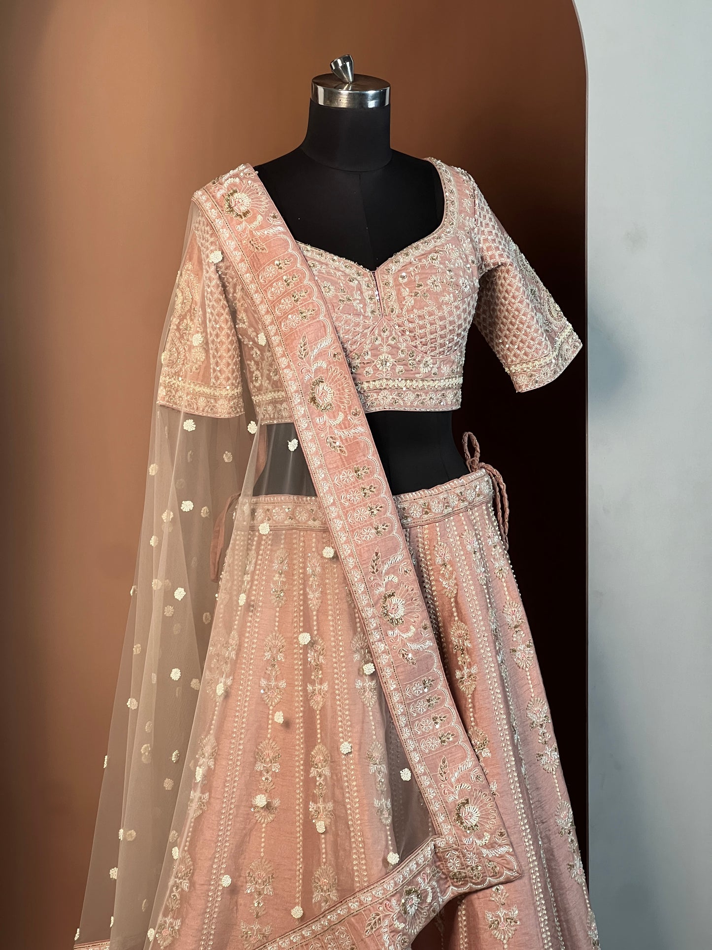 Blush Pink Heavy Embroidered Lehenga Set with Pearl & Sequin Work