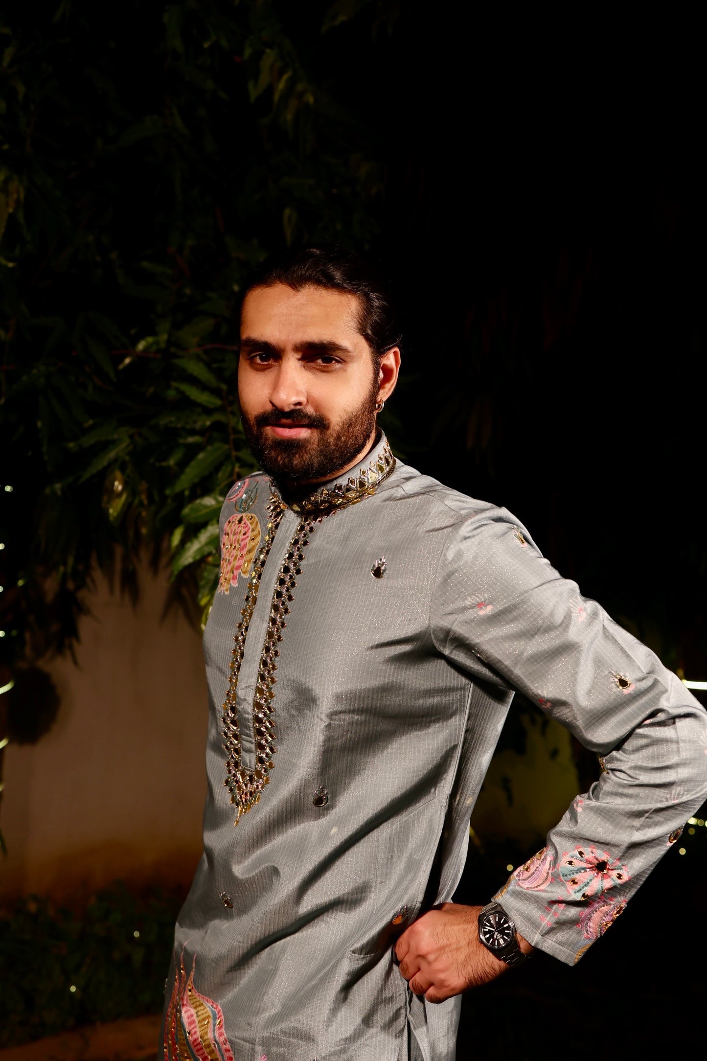 Light Blue Embroidered Silk Kurta with Mirror Work Detailing