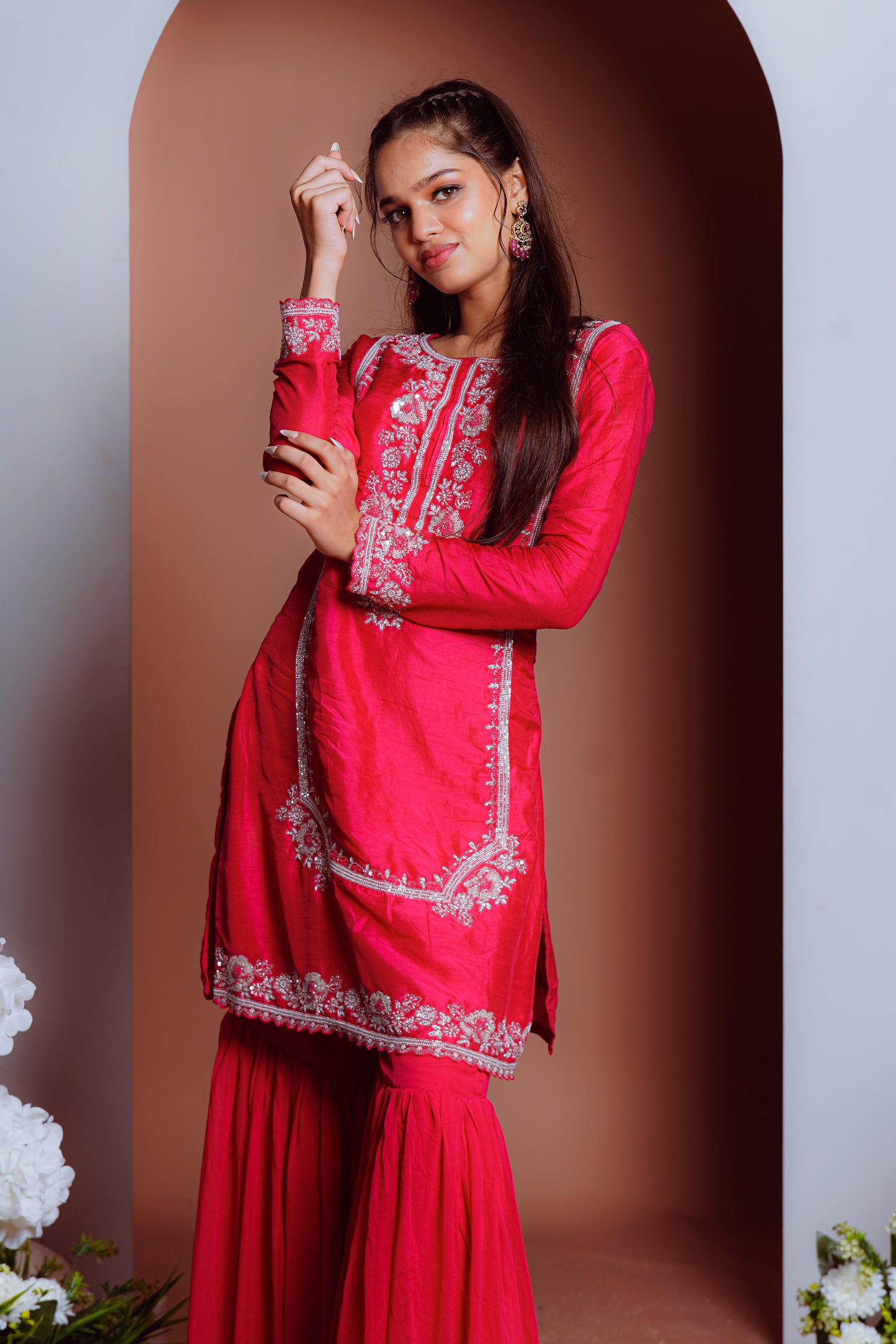 Red Heavy Zardosi Worked Sharara And Kurta With Lace Dupatta