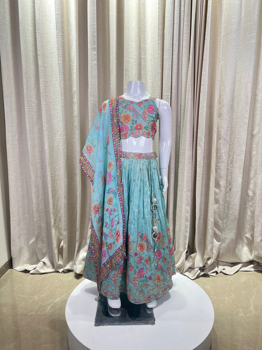 Aqua Blue Floral Embroidered Lehenga Set for Girls