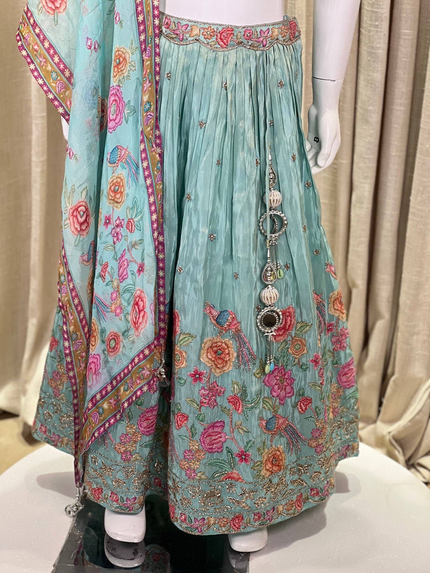 Aqua Blue Floral Embroidered Lehenga Set for Girls