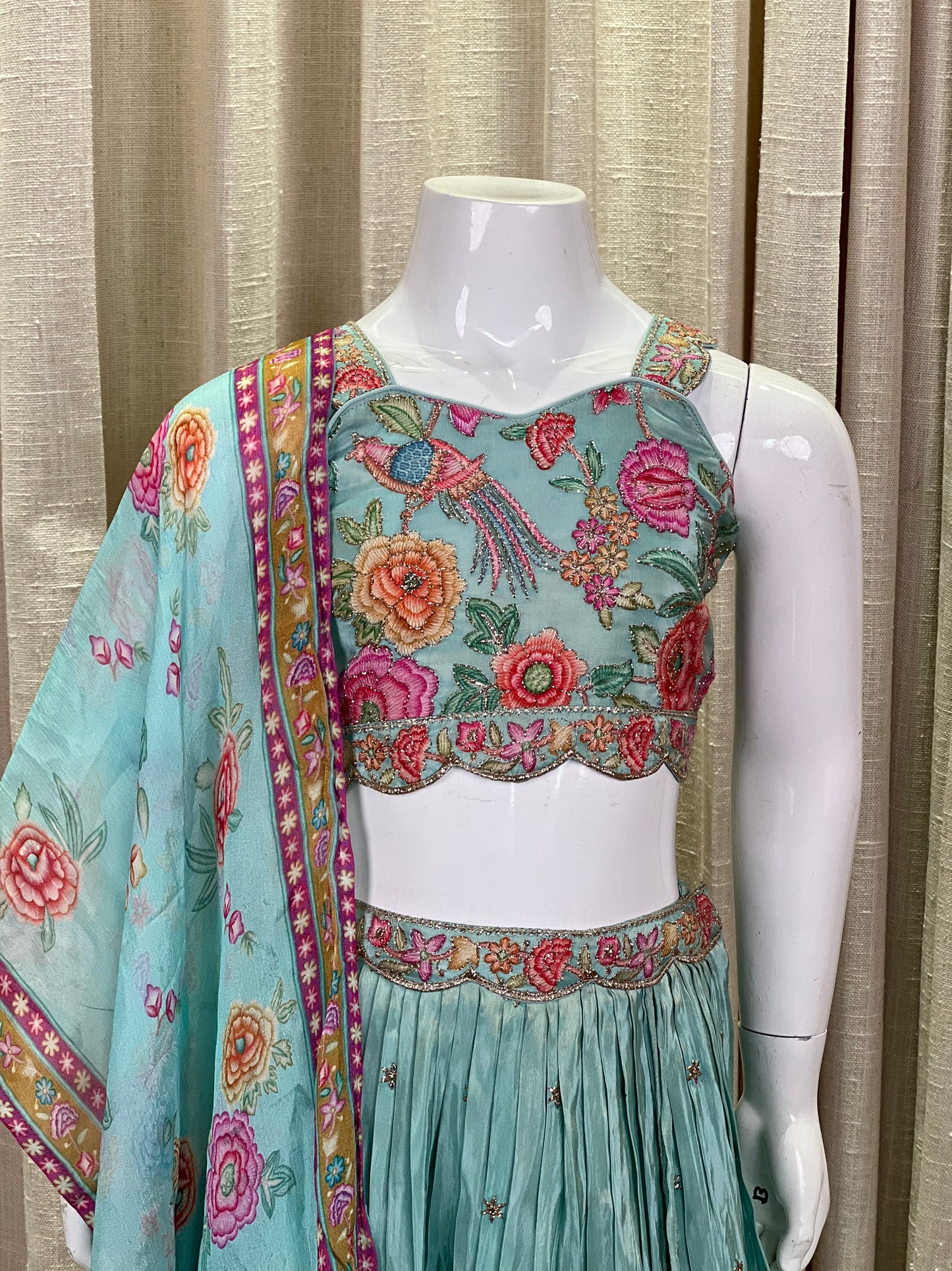 Aqua Blue Floral Embroidered Lehenga Set for Girls
