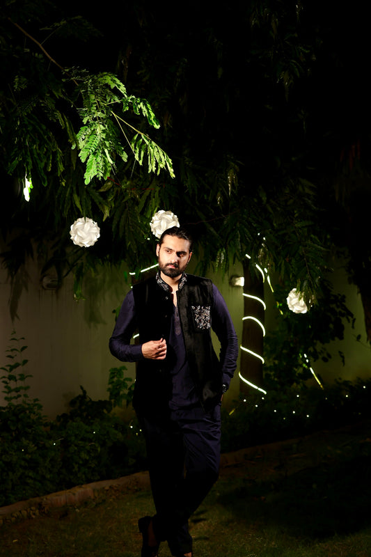 Black Suede Nehru Jacket with Kurta Set