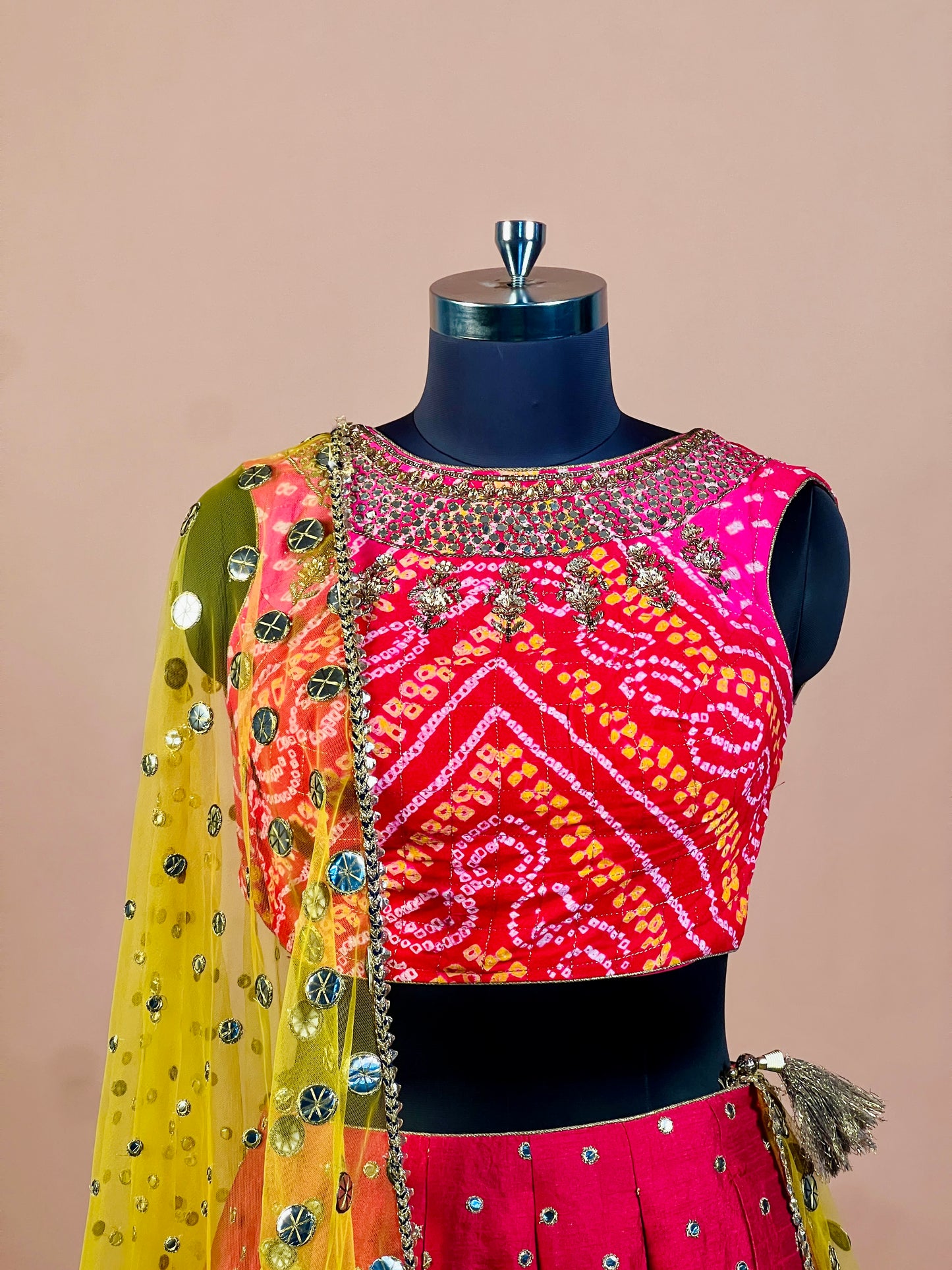 Bandhani Red & Yellow Mirror Work Lehenga Set