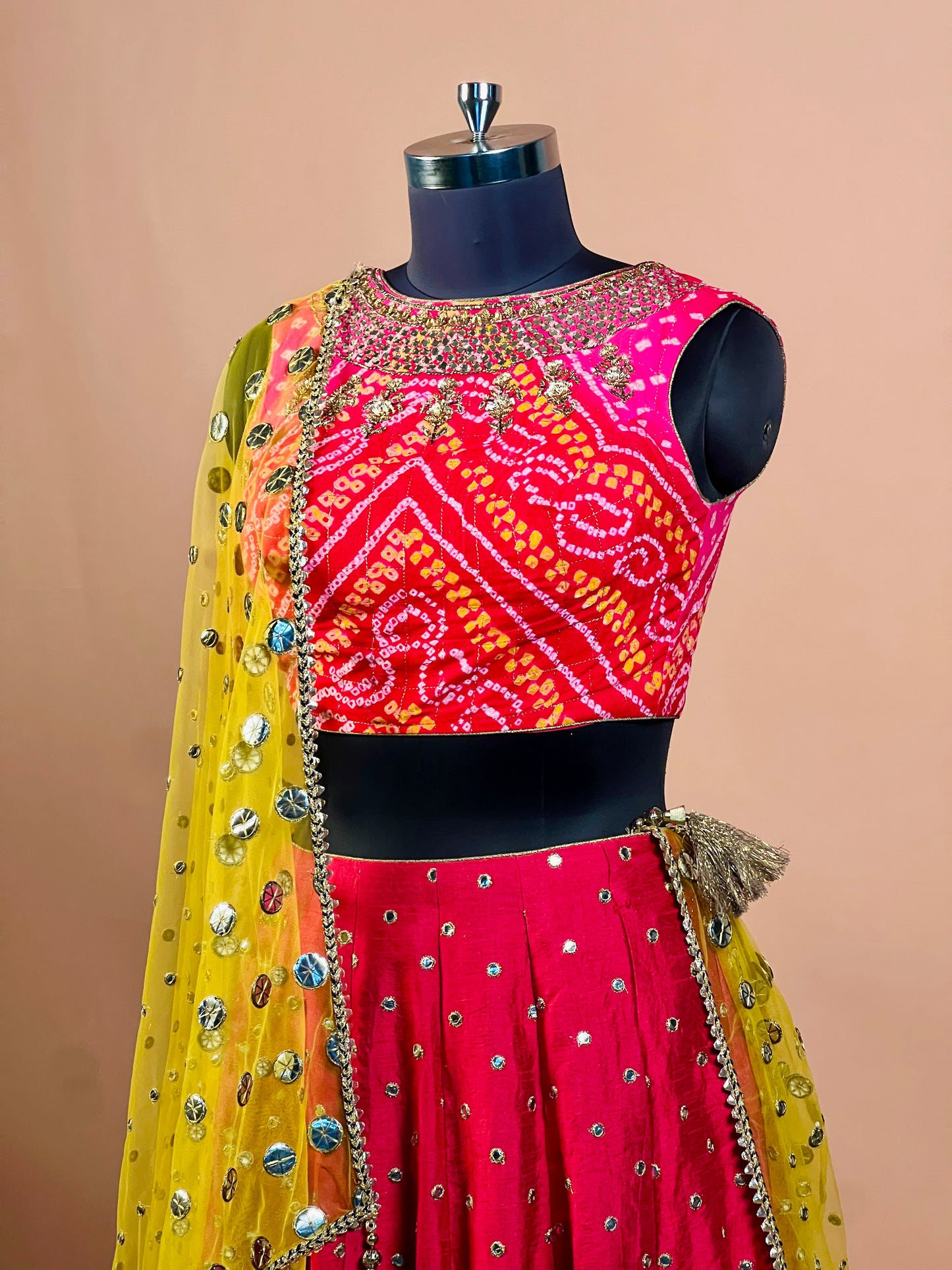 Bandhani Red & Yellow Mirror Work Lehenga Set